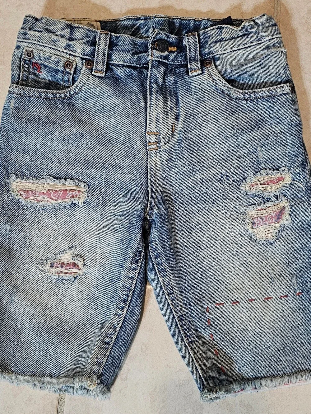 Polo Ralph Lauren Kids Slim Light Blue Denim Jeans Shorts w/ pink patches Size 7